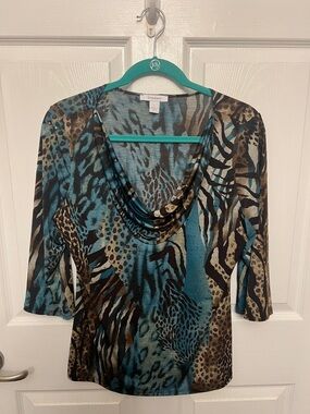 Dress  Barn  Teal and Brown Animal Print Top with Cowl Neck